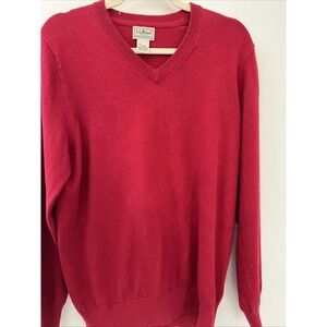 ll bean cotton/cashmere red v neck‎ sweater long sleeve soft MED preppy